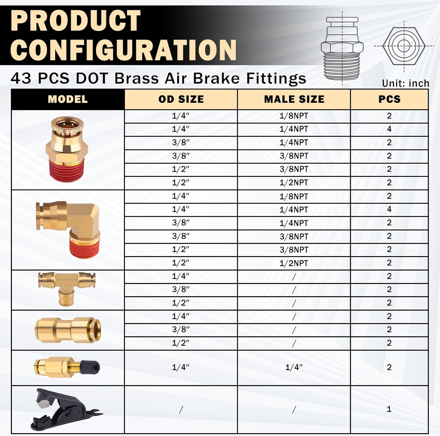 43 Pcs Brass DOT Air Line Fittings Kit