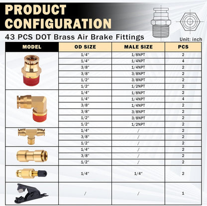 43 Pcs Brass DOT Air Line Fittings Kit
