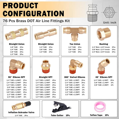 76 Pcs Brass DOT Air Line Fittings Kit